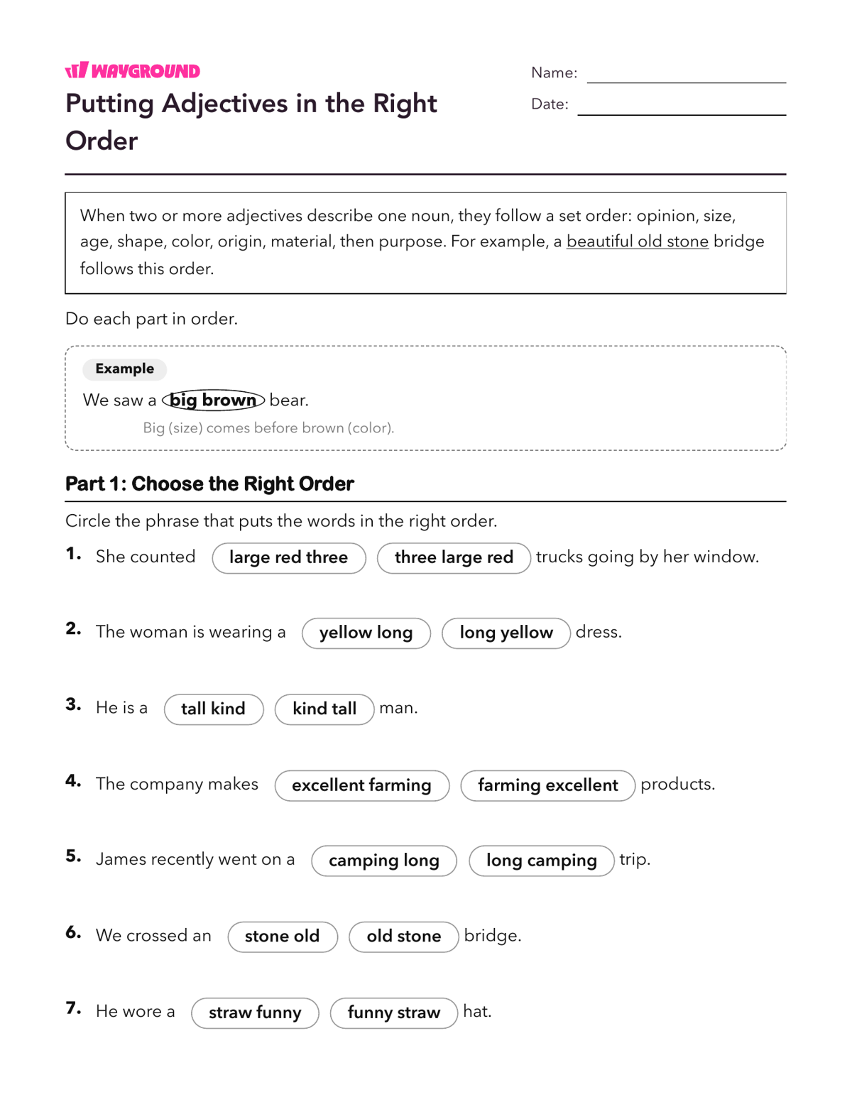 Putting Adjectives in the Right Order - Imprimible Adjetivos Hojas-de-trabajo Grado 4 - Wayground