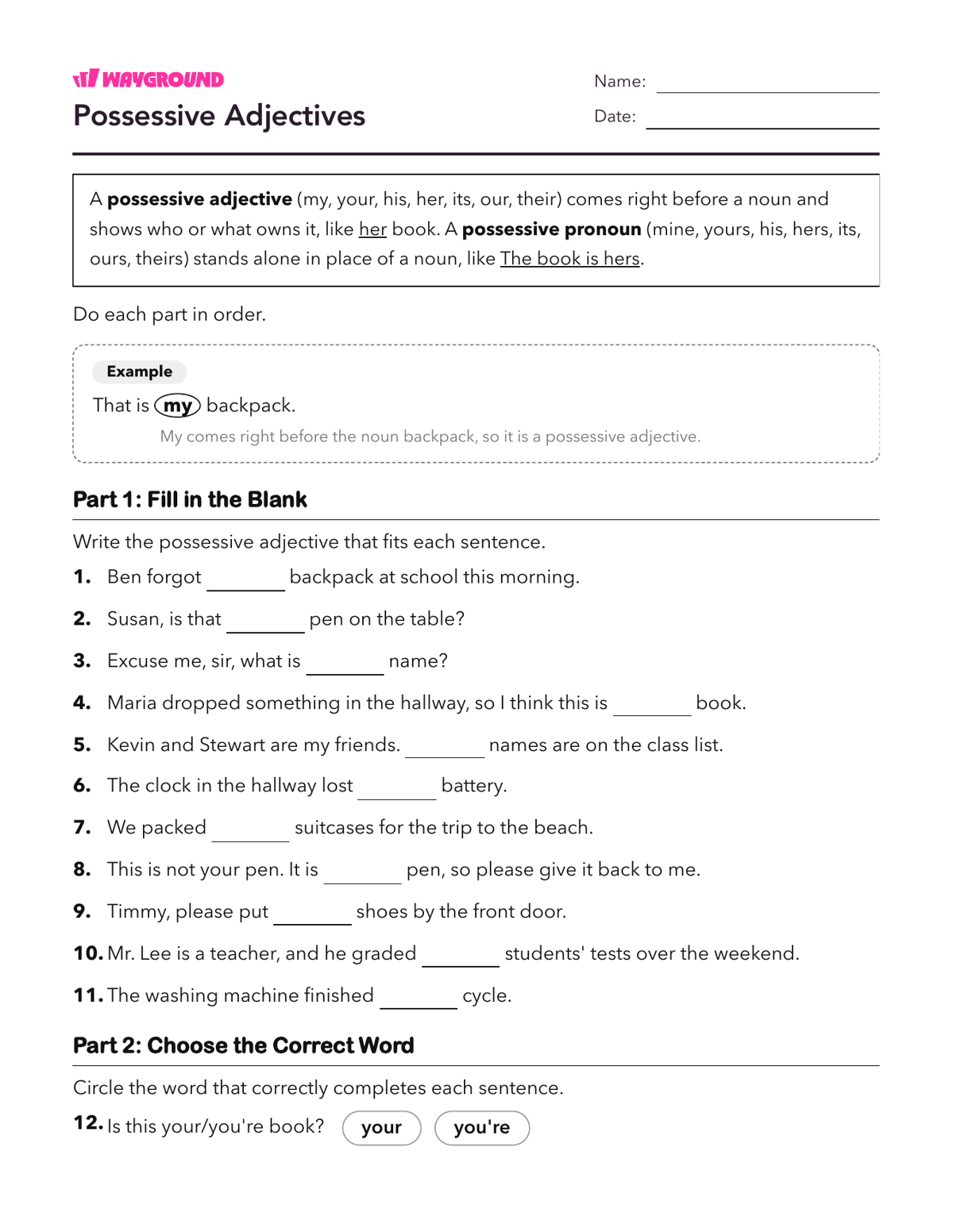Possessive Adjectives - Imprimible Adjetivos Hojas-de-trabajo Grado 4 - Wayground