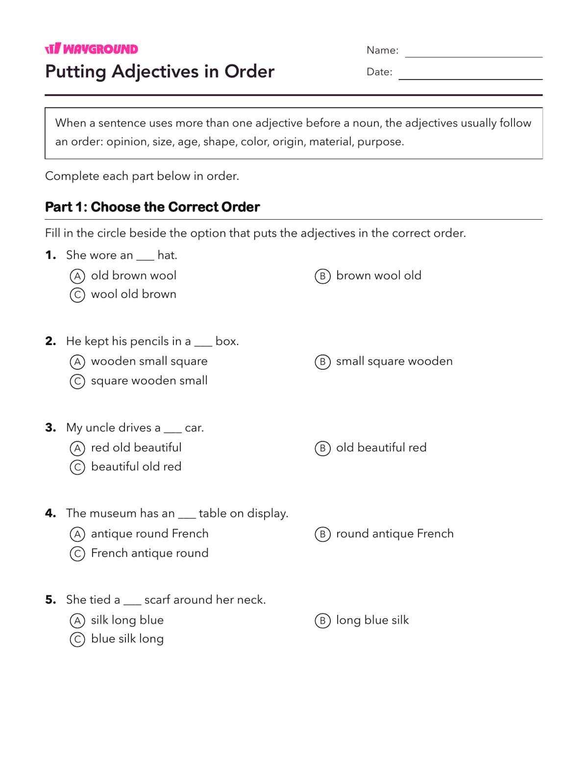 Putting Adjectives in Order - Imprimible Adjetivos Hojas-de-trabajo Grado 5 - Wayground