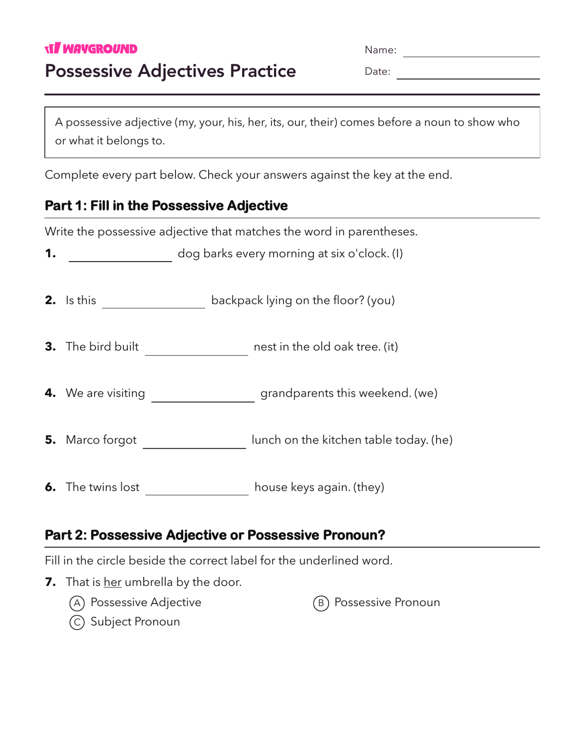 Possessive Adjectives Practice - Imprimible Adjetivos Hojas-de-trabajo Grado 5 - Wayground