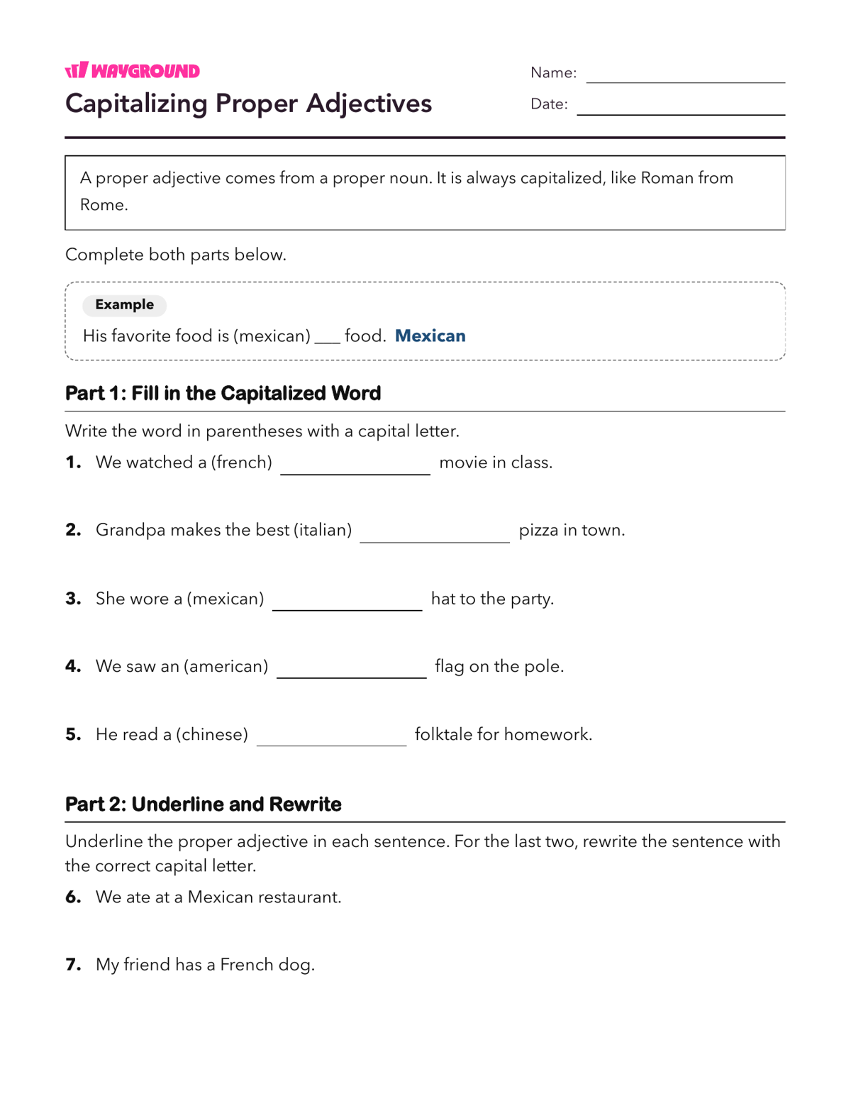 Capitalizing Proper Adjectives - Imprimible Adjetivos Hojas-de-trabajo Grado 5 - Wayground