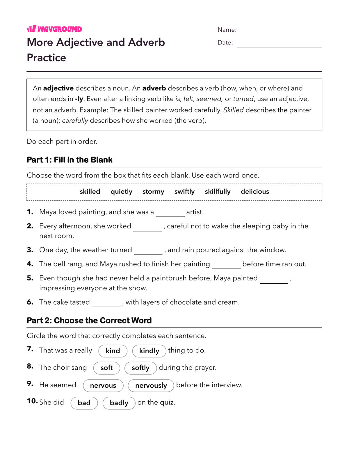 More Adjective and Adverb Practice - Dapat dicetak Kata-sifat Lembar-kerja - Wayground