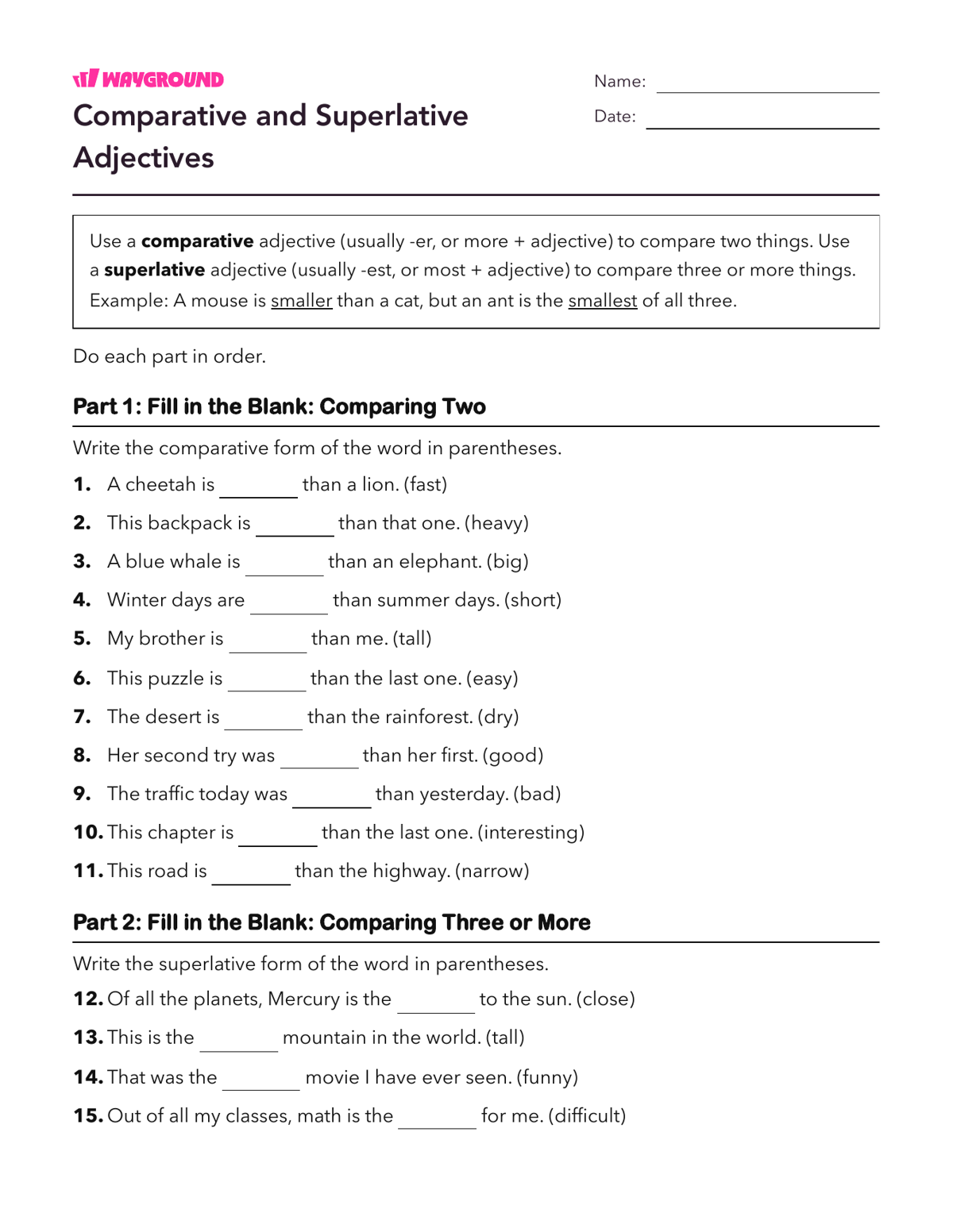 Comparative and Superlative Adjectives - Dapat dicetak Kata-sifat Lembar-kerja - Wayground