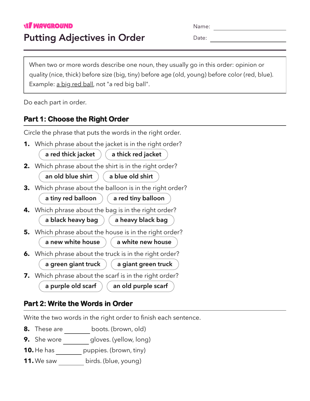 Putting Adjectives in Order - Dapat dicetak Kata-sifat Lembar-kerja - Wayground