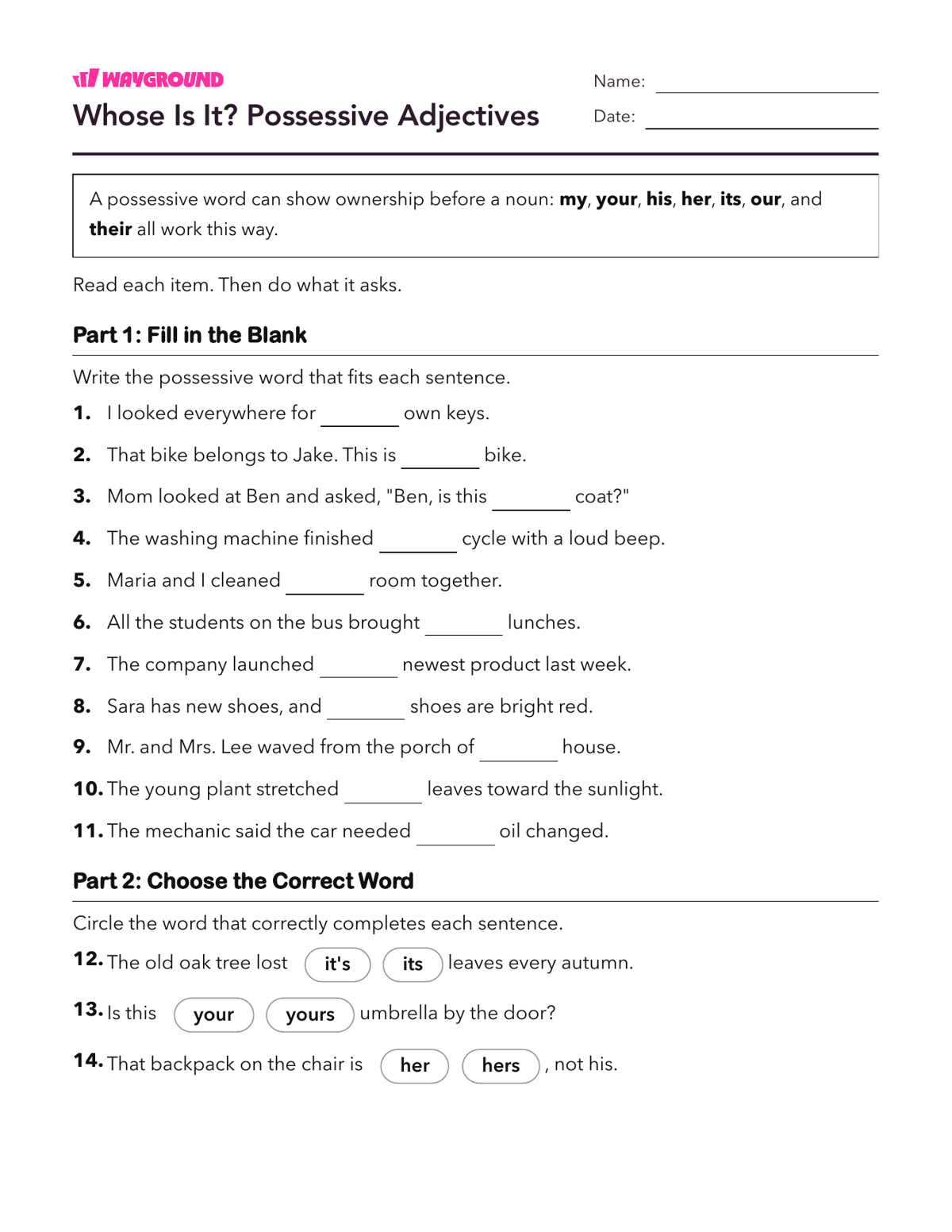 Whose Is It? Possessive Adjectives - Dapat dicetak Kata-sifat Lembar-kerja - Wayground