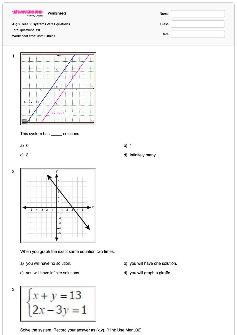 Alg 2 Test 6: Systems of 2 Equations - Printable Two-step-equations Worksheets - Wayground