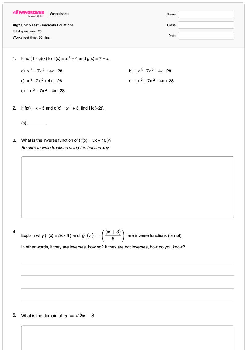 Alg2 Unit 5 Test - Radicals Equations - พิมพ์ได้ สมการและฟังก์ชันรากที่สอง เวิร์กชีท ระดับ 12 - Wayground