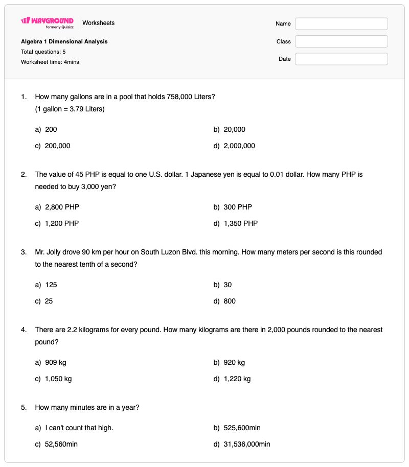 Algebra 1 Dimensional Analysis - พิมพ์ได้ One-dimensional-kinematics เวิร์กชีท - Wayground