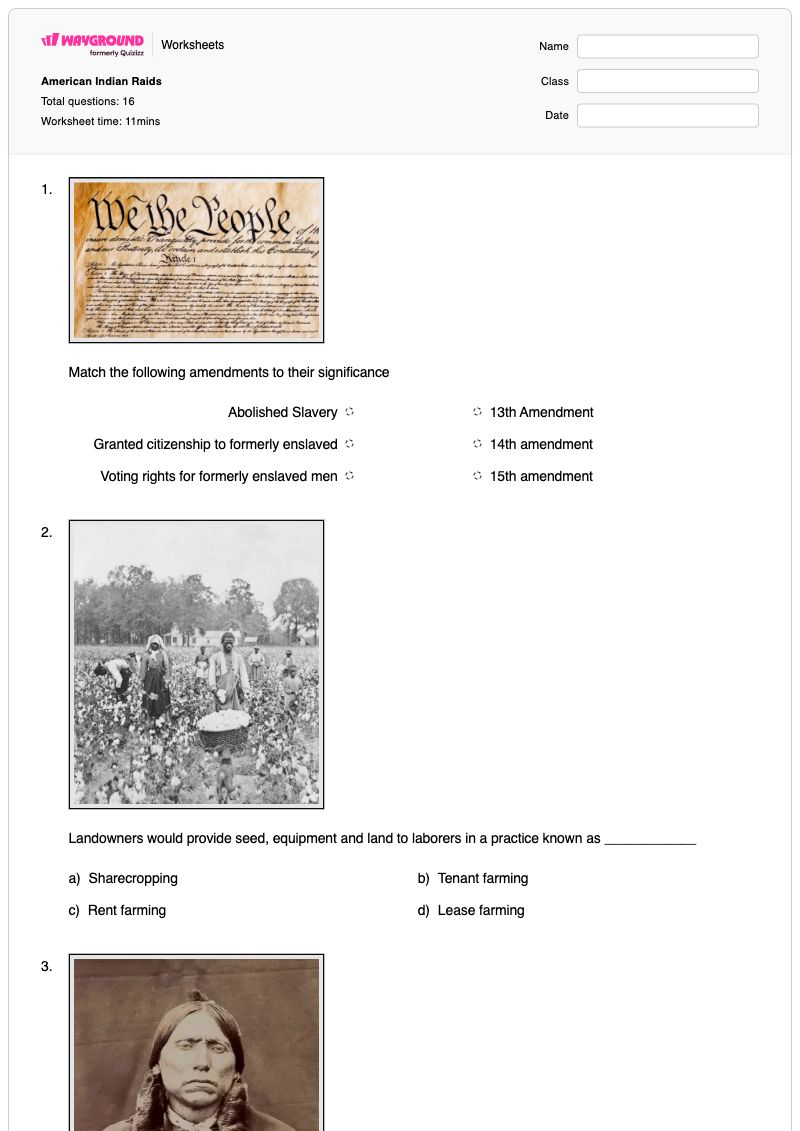American Indian Raids - พิมพ์ได้ ประสบการณ์เลวร้ายในวัยเด็ก เวิร์กชีท ระดับ 7 - Wayground
