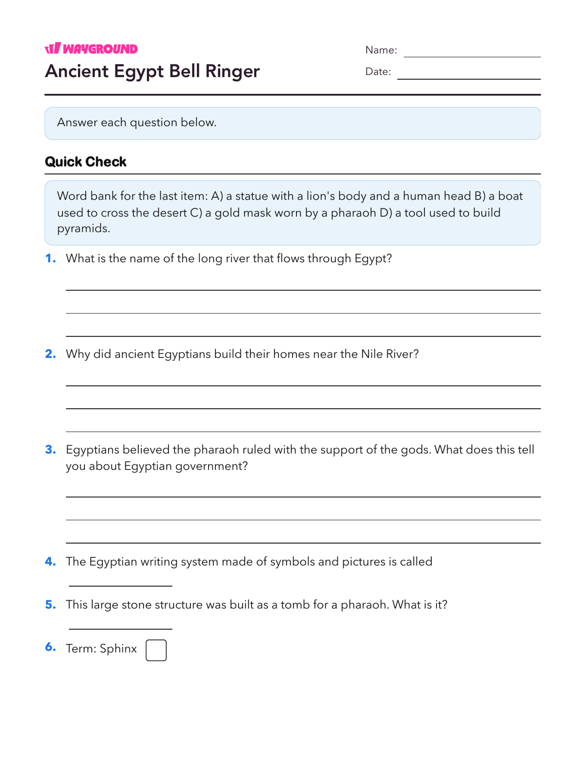 Ancient Egypt Bell Ringer - Printable Ancient-civilizations Worksheets Class 4 - Wayground