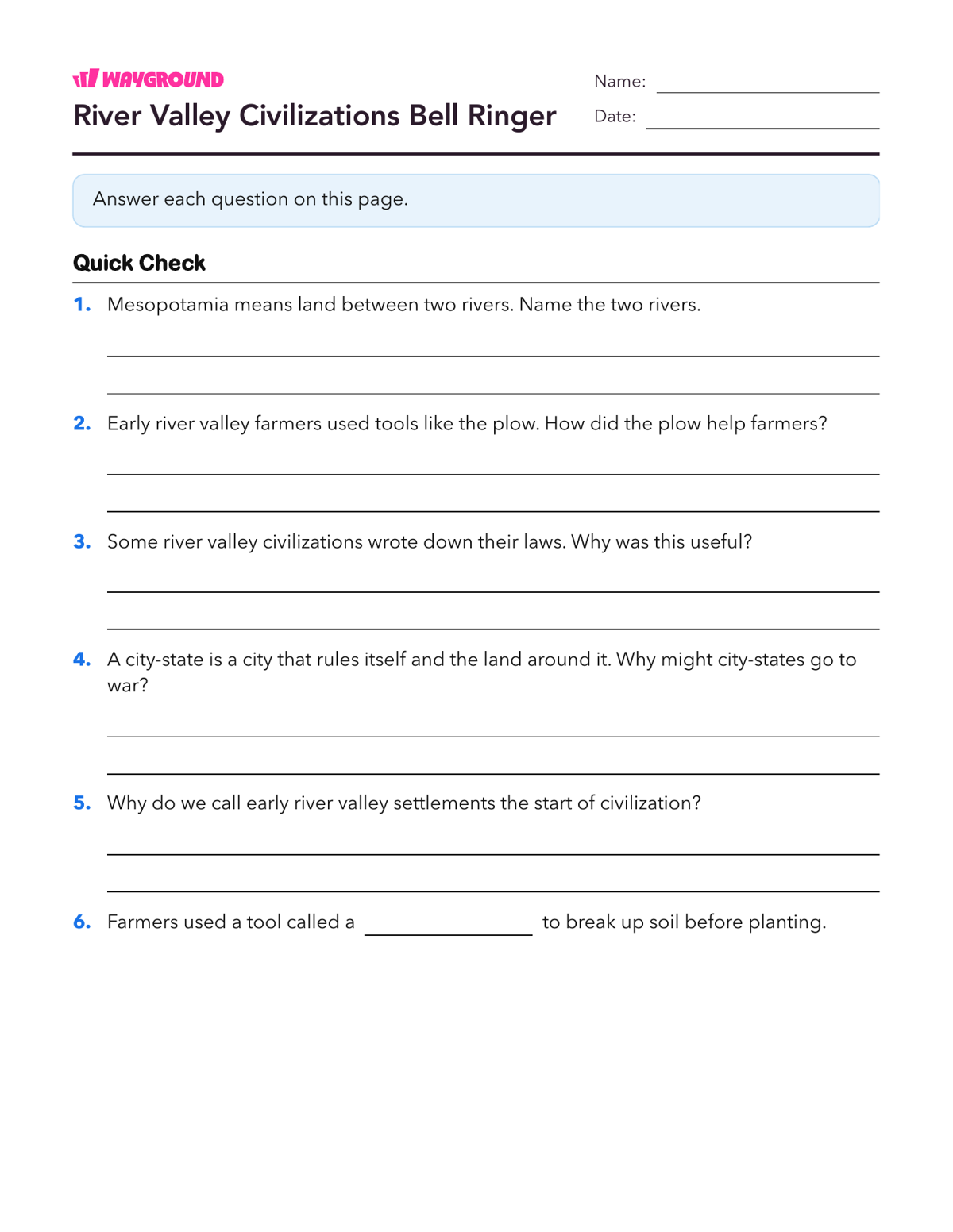 River Valley Civilizations Bell Ringer - Printable Ancient-civilizations Worksheets Class 4 - Wayground