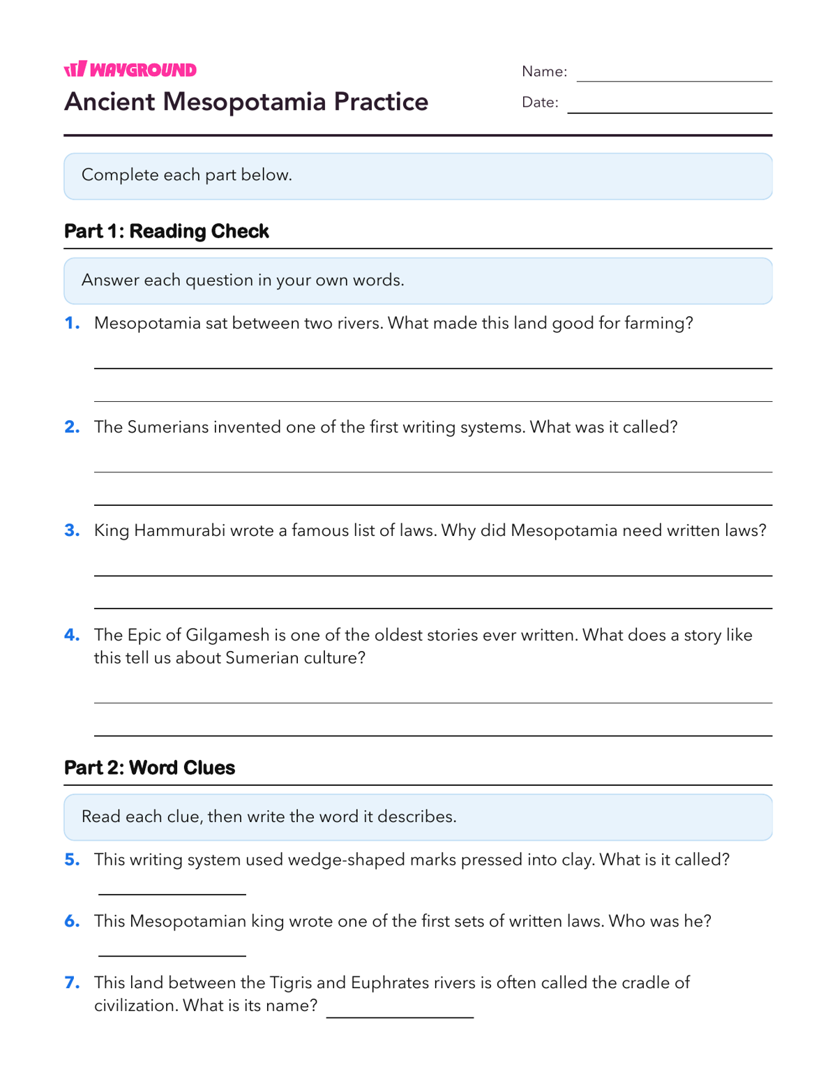 Ancient Mesopotamia Practice - Printable Ancient-civilizations Worksheets Class 4 - Wayground