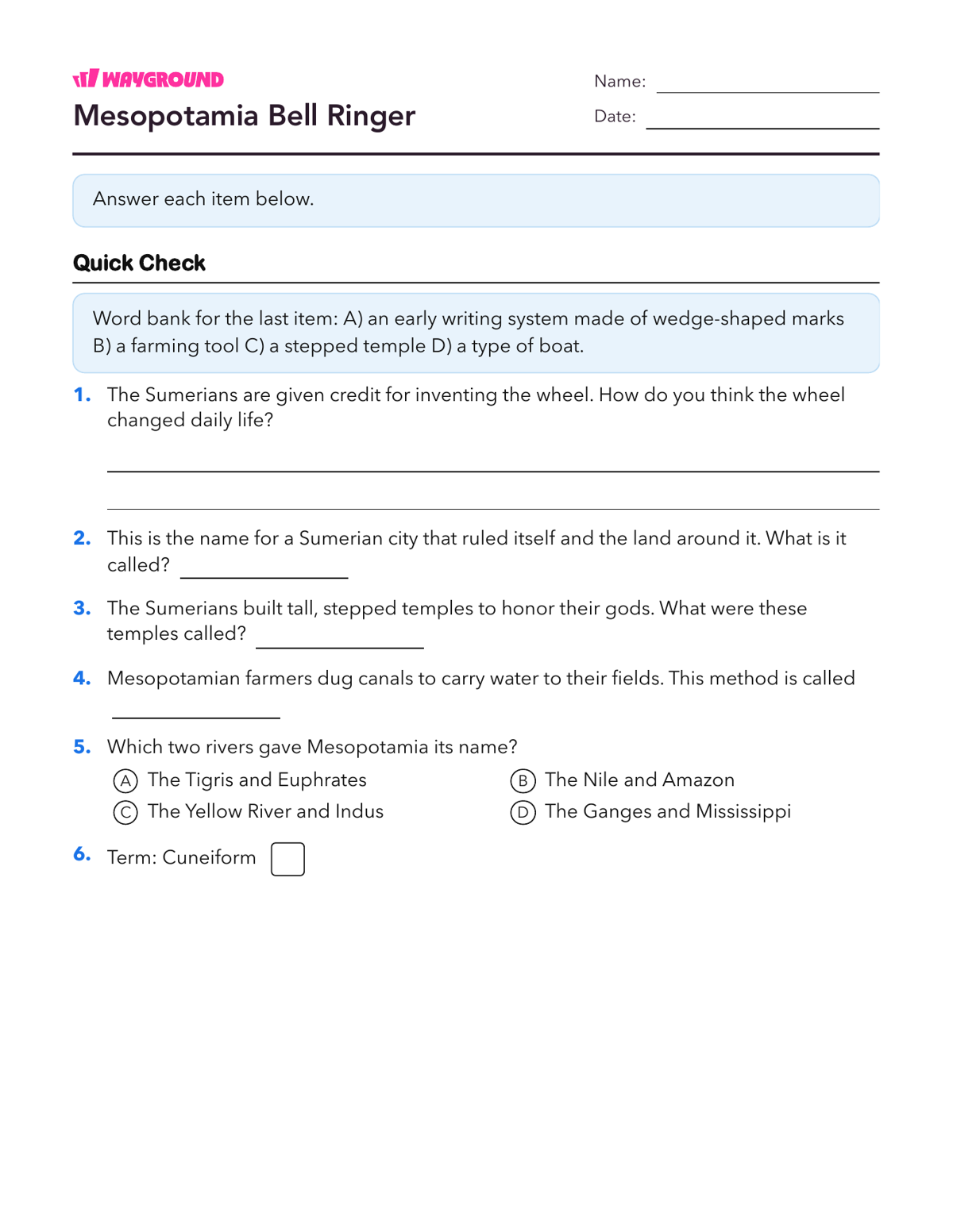 Mesopotamia Bell Ringer - Printable Ancient-civilizations Worksheets Class 4 - Wayground