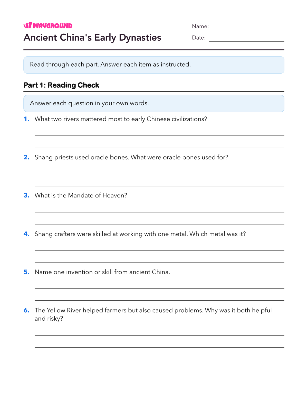 Ancient China's Early Dynasties - Printable Ancient-civilizations Worksheets Class 4 - Wayground