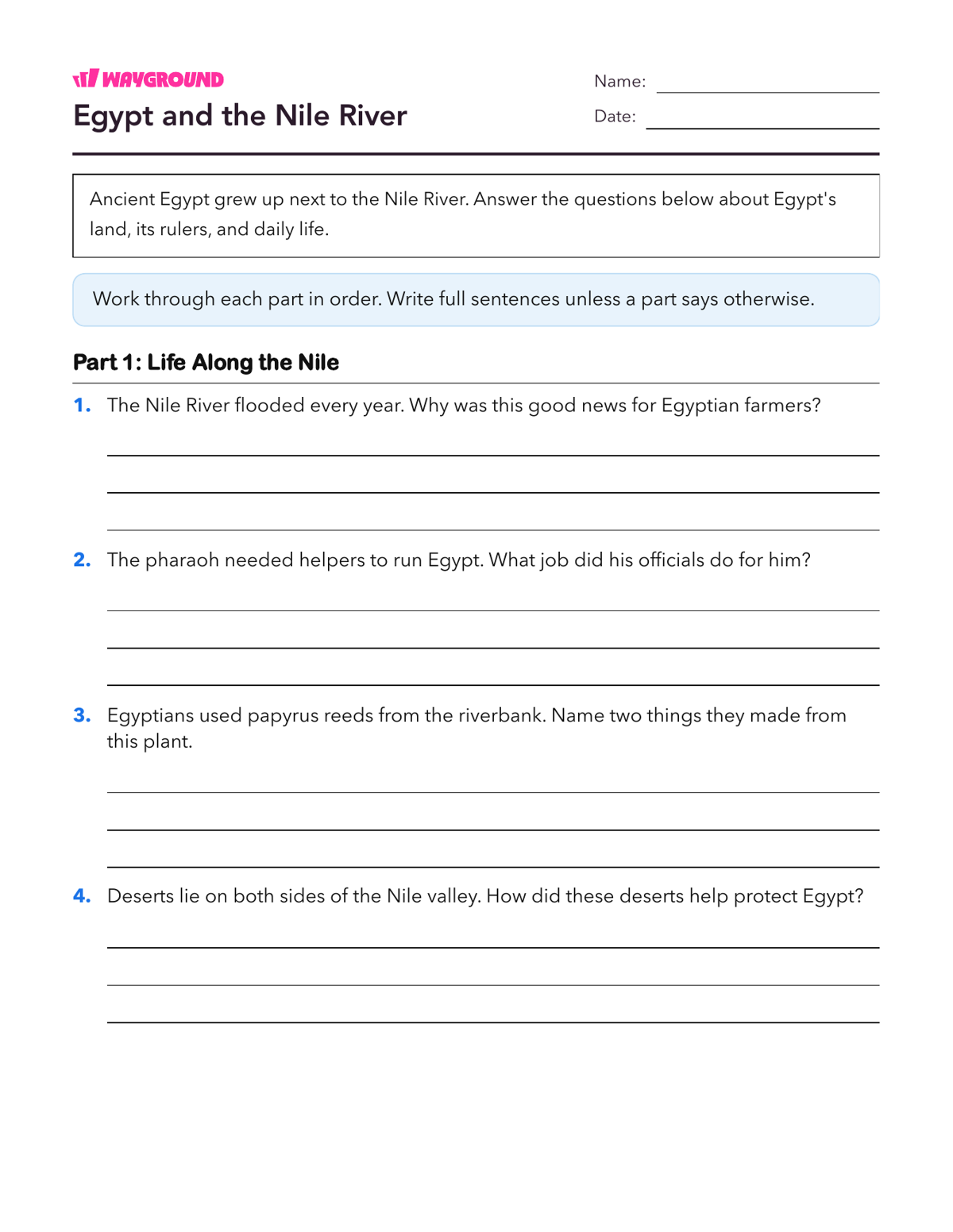 Egypt and the Nile River - Printable Ancient-civilizations Worksheets Class 5 - Wayground