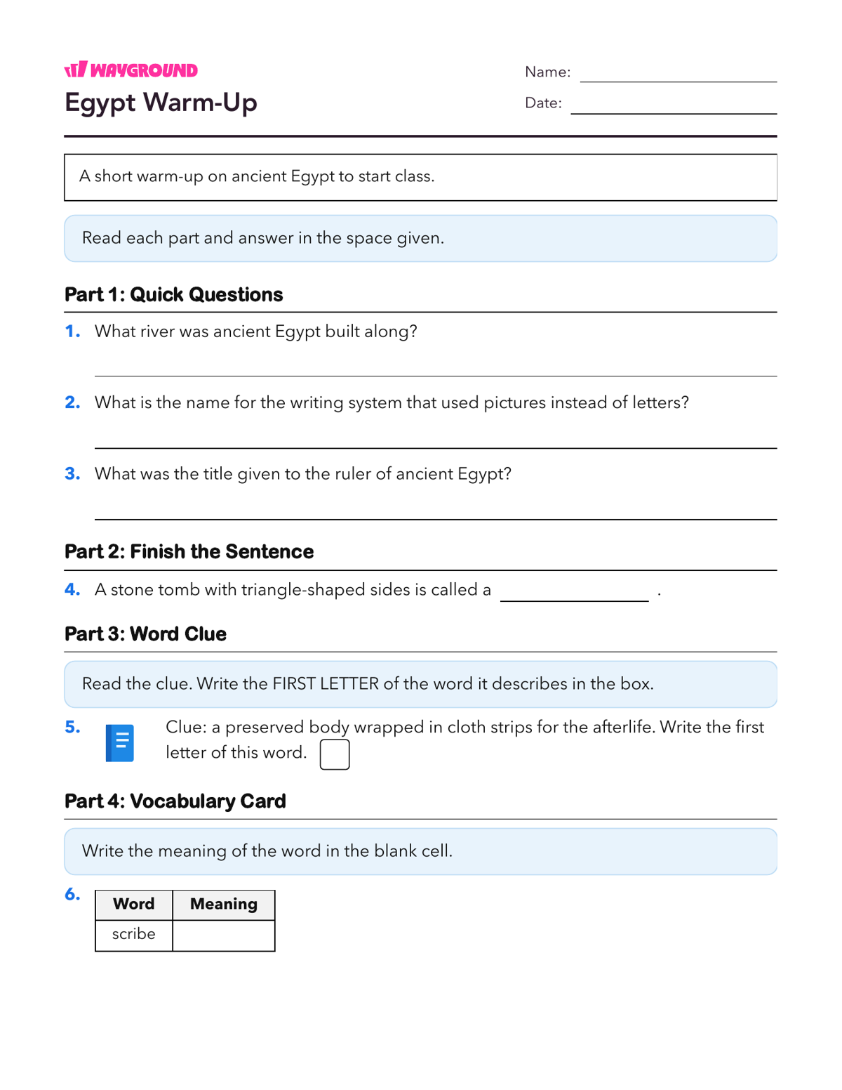 Egypt Warm-Up - Printable Ancient-civilizations Worksheets Class 5 - Wayground