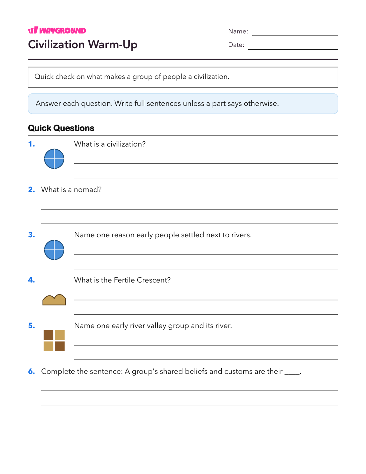 Civilization Warm-Up - Printable Ancient-civilizations Worksheets Class 5 - Wayground