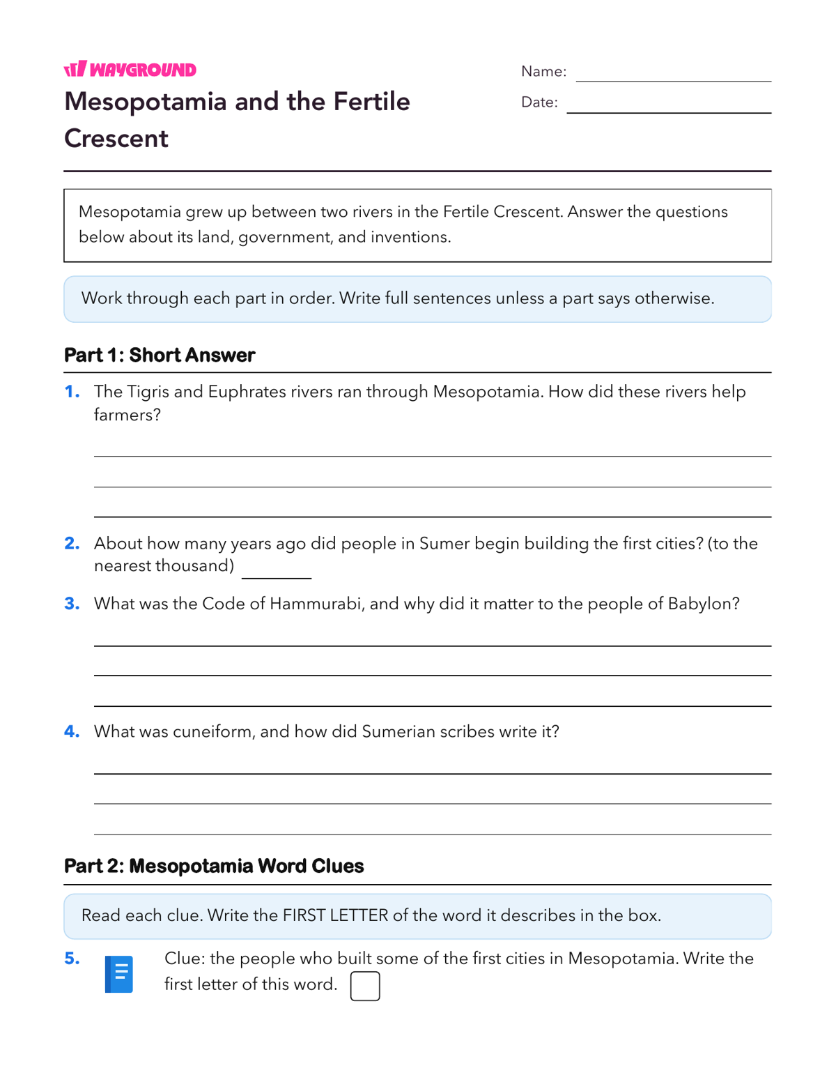 Mesopotamia and the Fertile Crescent - Printable Ancient-civilizations Worksheets Class 5 - Wayground