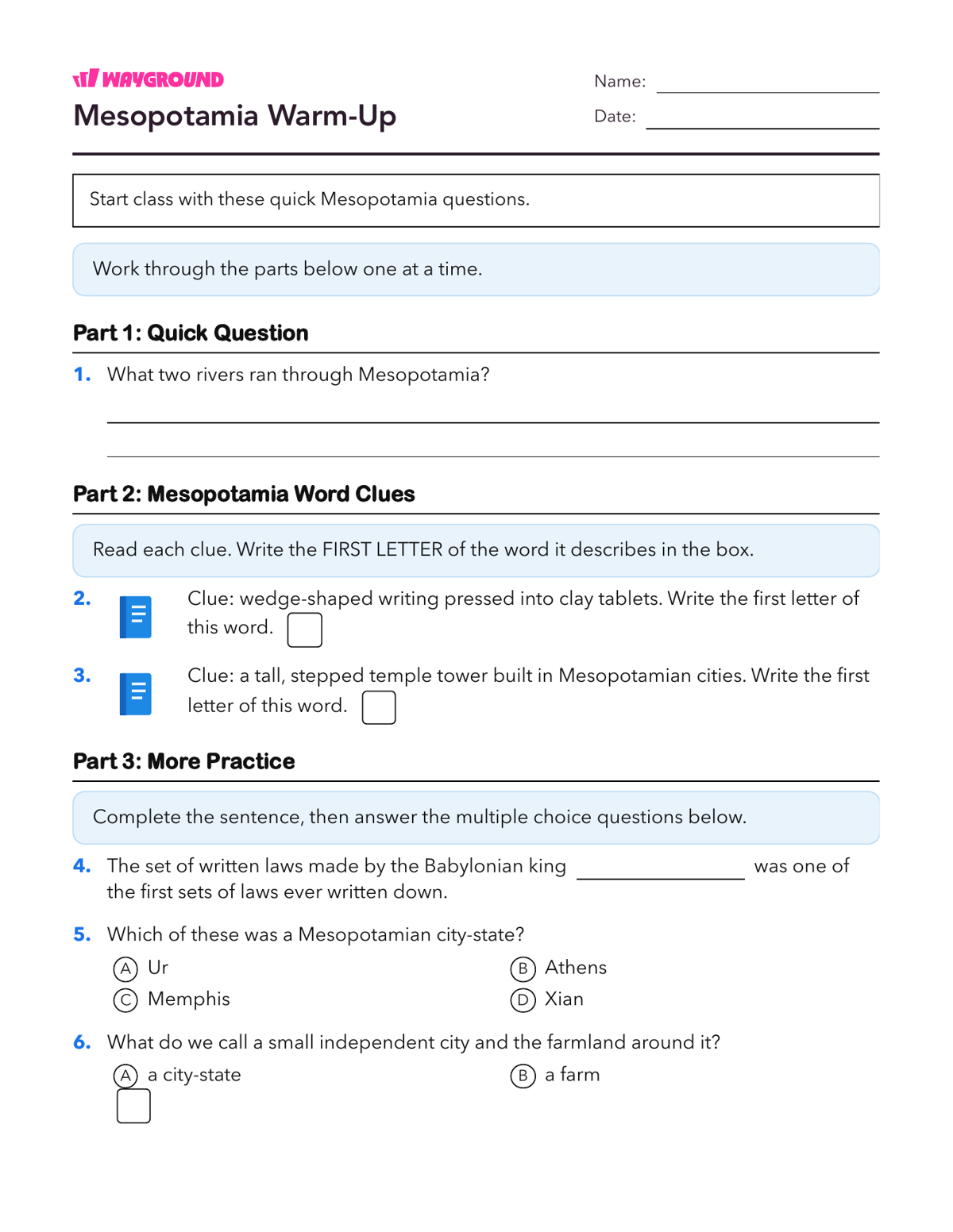 Mesopotamia Warm-Up - Printable Ancient-civilizations Worksheets Class 5 - Wayground