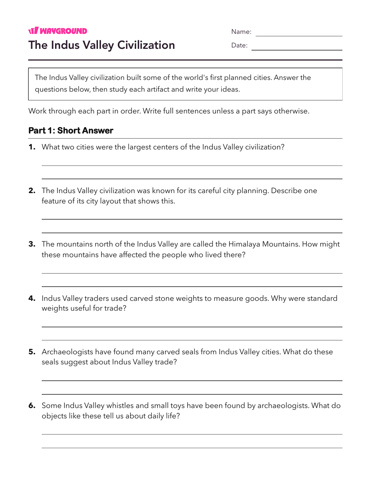 The Indus Valley Civilization - Printable Ancient-civilizations Worksheets Class 5 - Wayground