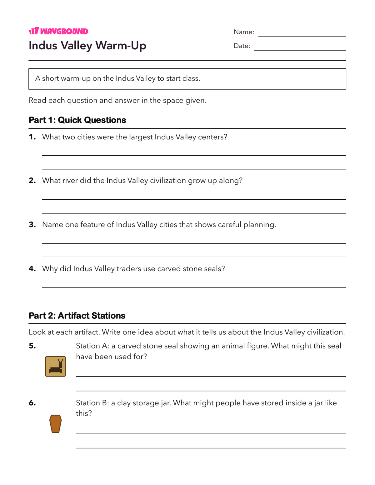 Indus Valley Warm-Up - Printable Ancient-civilizations Worksheets Class 5 - Wayground