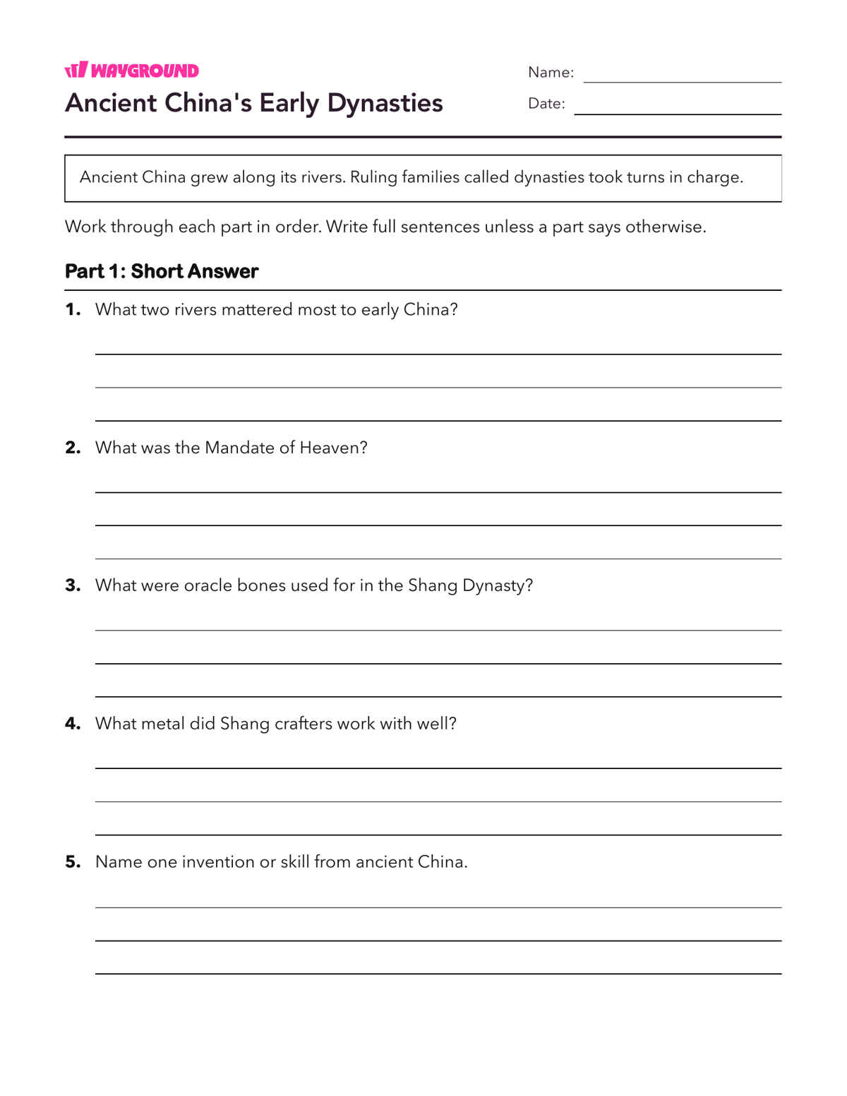 Ancient China's Early Dynasties - Printable Ancient-civilizations Worksheets Class 5 - Wayground