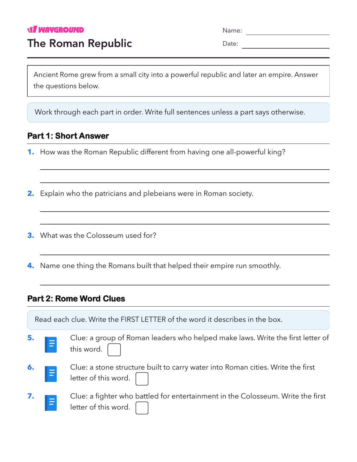 The Roman Republic - Printable Ancient-civilizations Worksheets Class 5 - Wayground