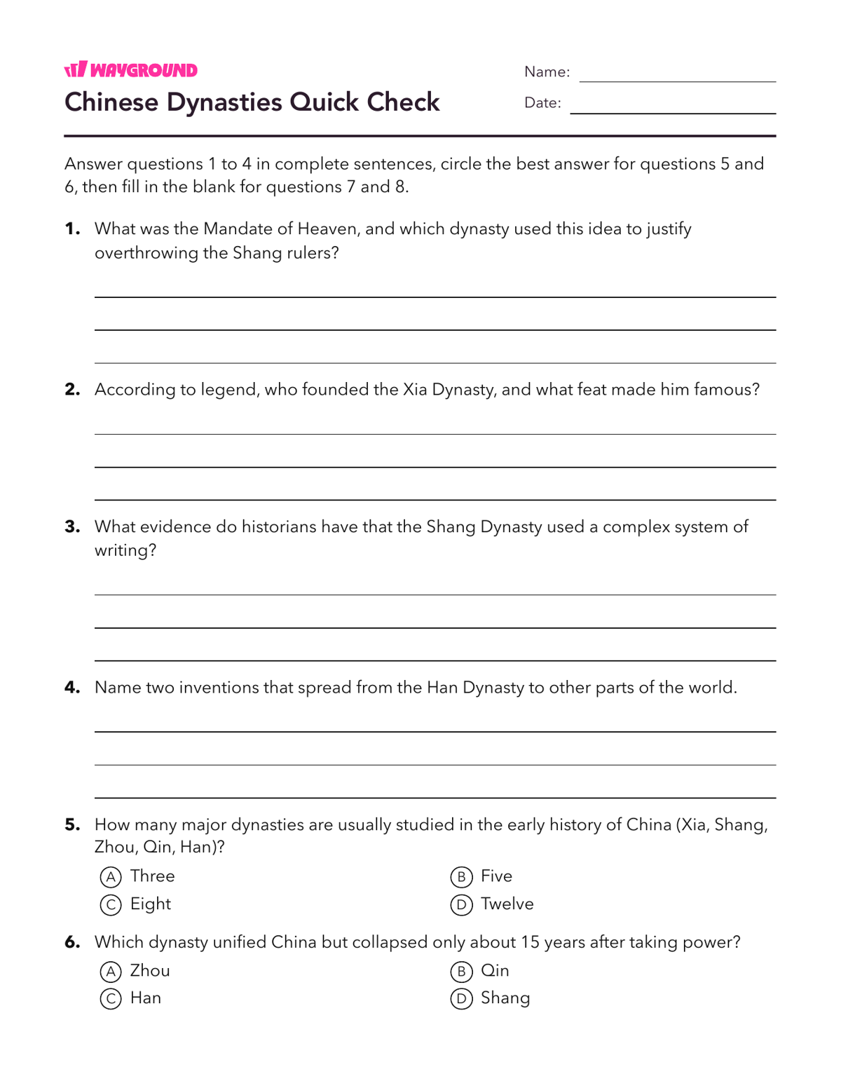 Chinese Dynasties Quick Check - Nadający się do druku Peradaban-kuno Lembar-kerja Kelas 6 - Wayground