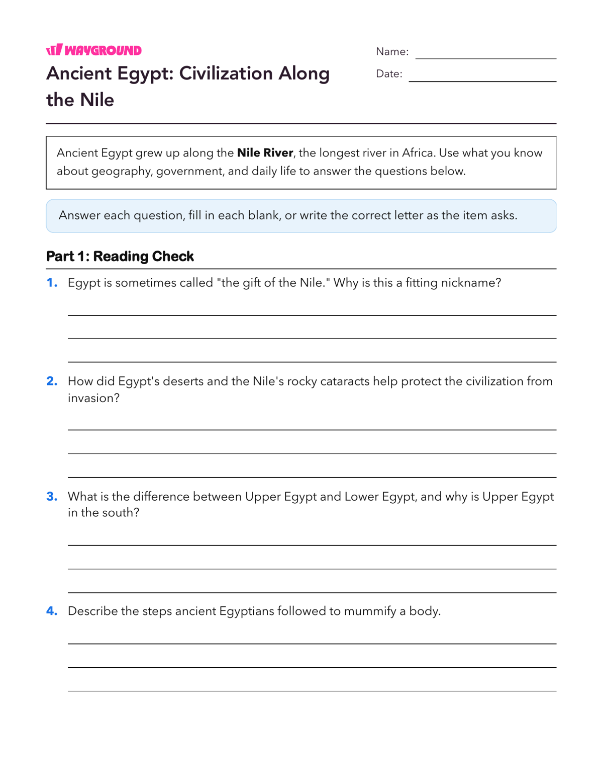Ancient Egypt: Civilization Along the Nile - Printable Ancient-civilizations Worksheets Class 7 - Wayground