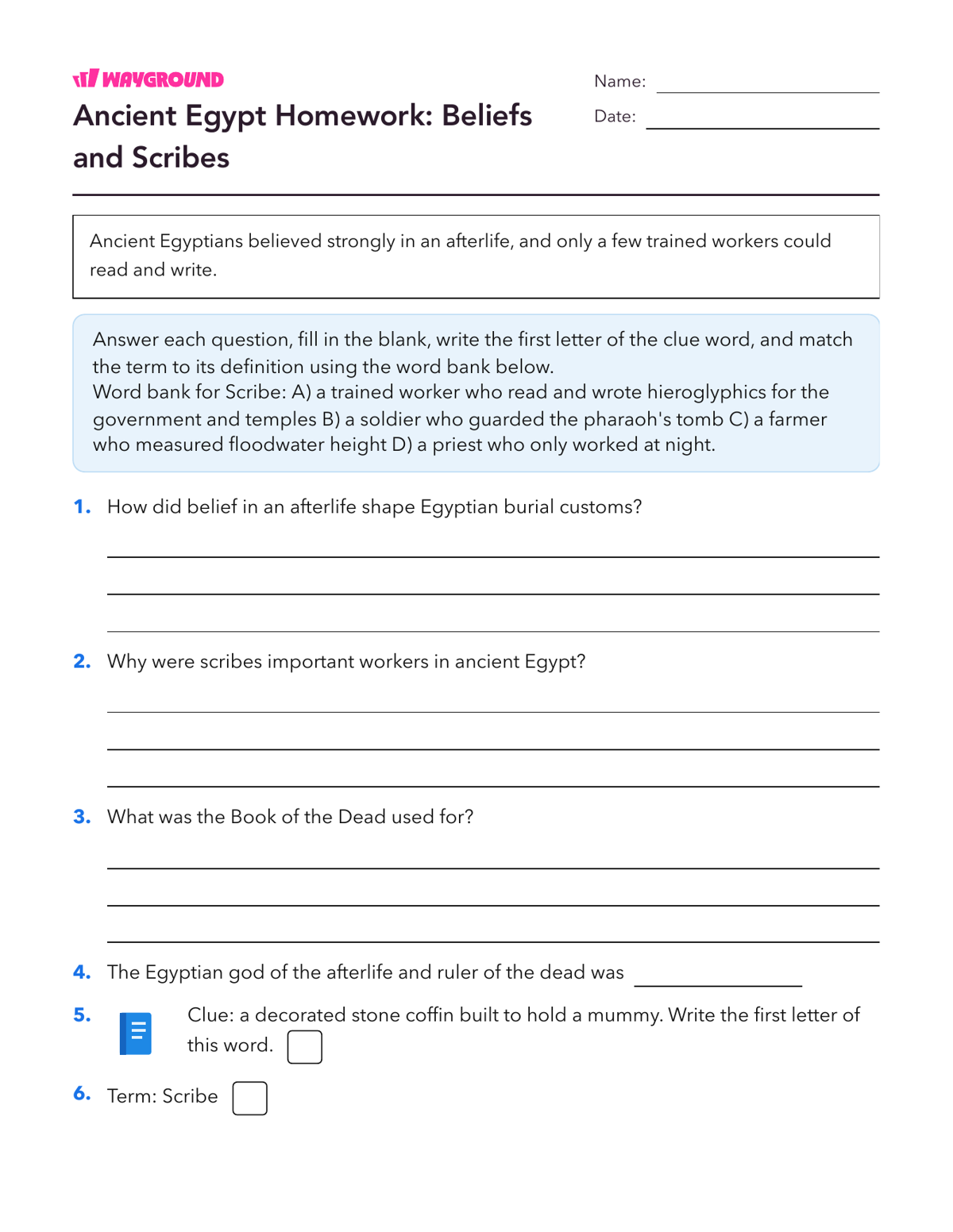 Ancient Egypt Homework: Beliefs and Scribes - Printable Ancient-civilizations Worksheets Class 7 - Wayground