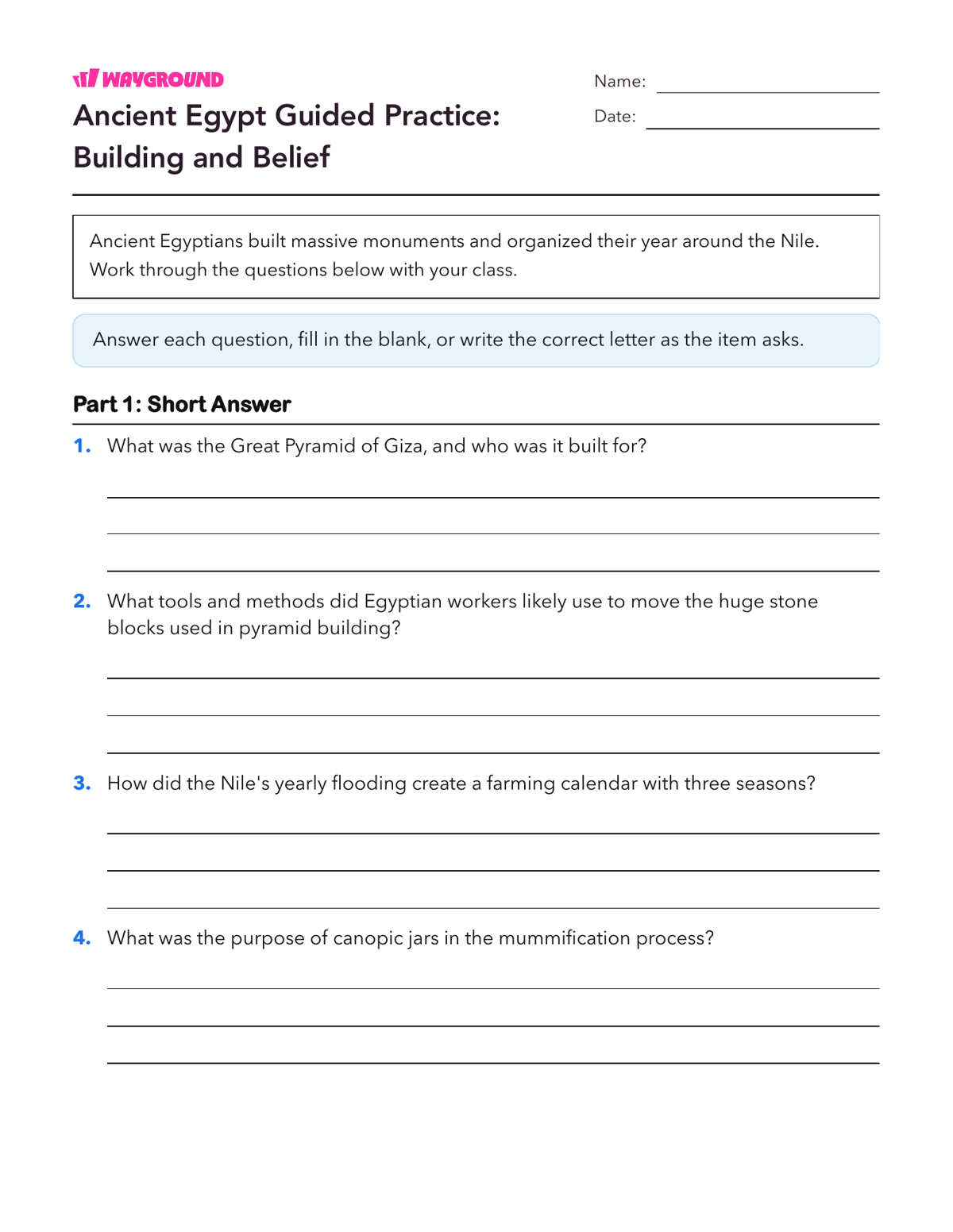 Ancient Egypt Guided Practice: Building and Belief - Printable Ancient-civilizations Worksheets Class 7 - Wayground