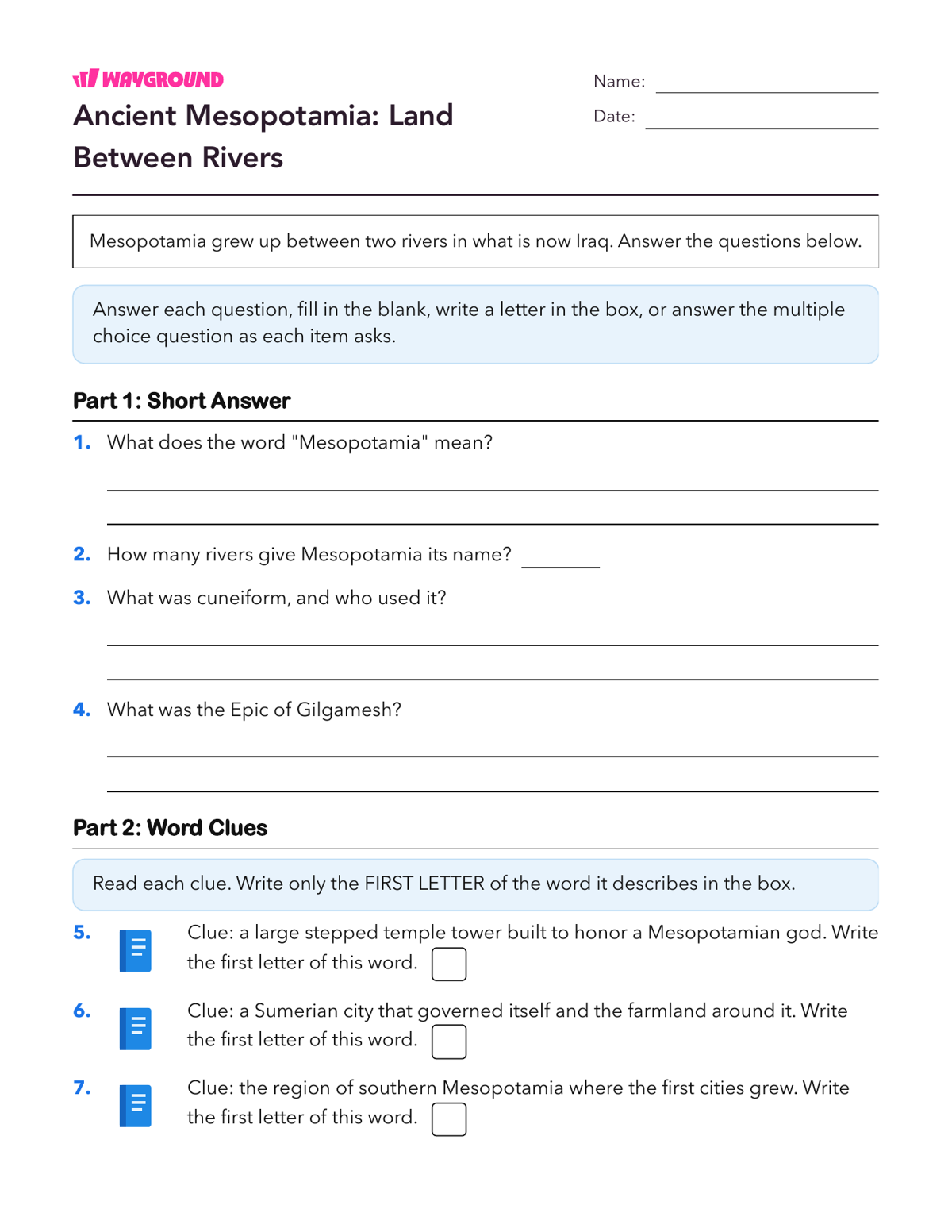 Ancient Mesopotamia: Land Between Rivers - Printable Ancient-civilizations Worksheets Class 7 - Wayground