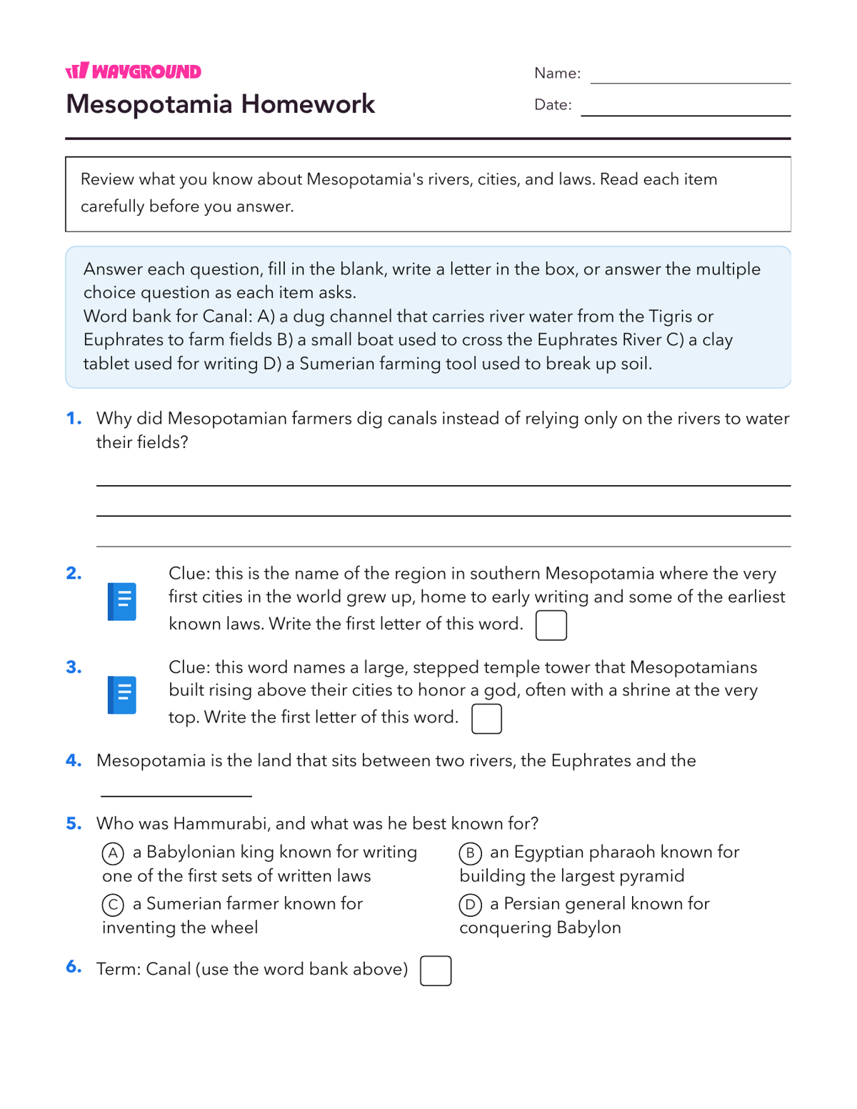 Mesopotamia Homework - Printable Ancient-civilizations Worksheets Class 7 - Wayground