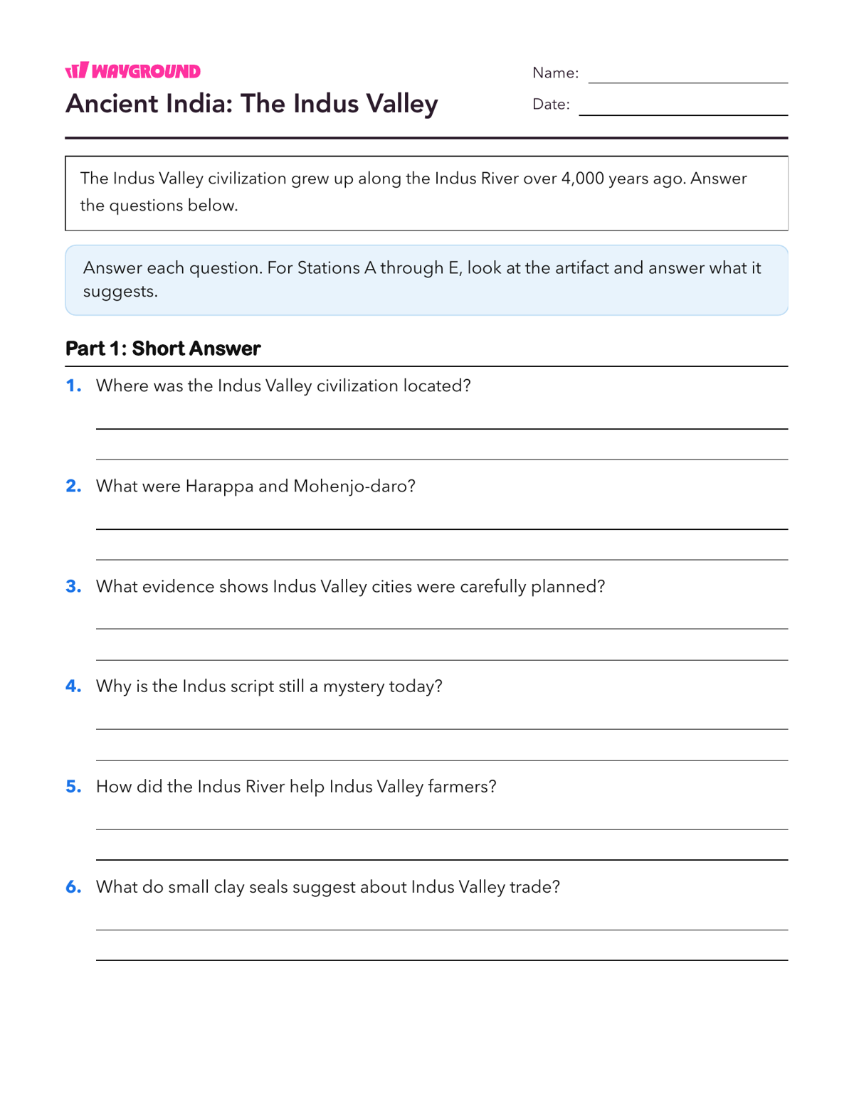 Ancient India: The Indus Valley - Printable Ancient-civilizations Worksheets Class 7 - Wayground