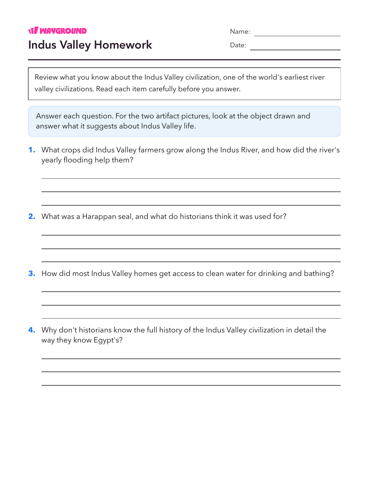 Indus Valley Homework - Printable Ancient-civilizations Worksheets Class 7 - Wayground