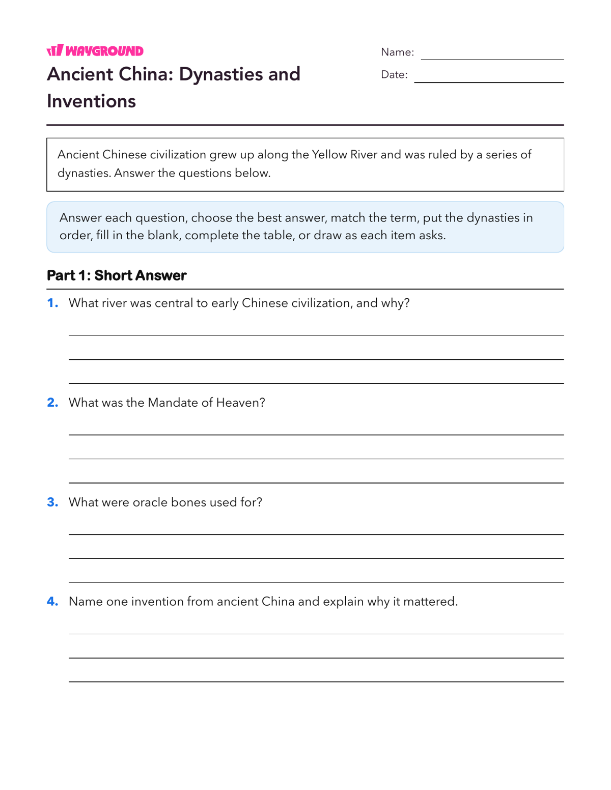 Ancient China: Dynasties and Inventions - Printable Ancient-civilizations Worksheets Class 7 - Wayground