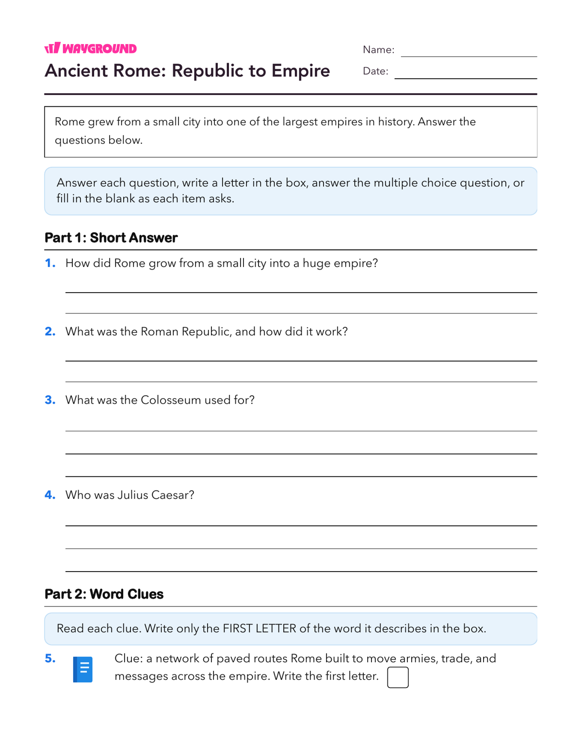 Ancient Rome: Republic to Empire - Printable Ancient-civilizations Worksheets Class 7 - Wayground