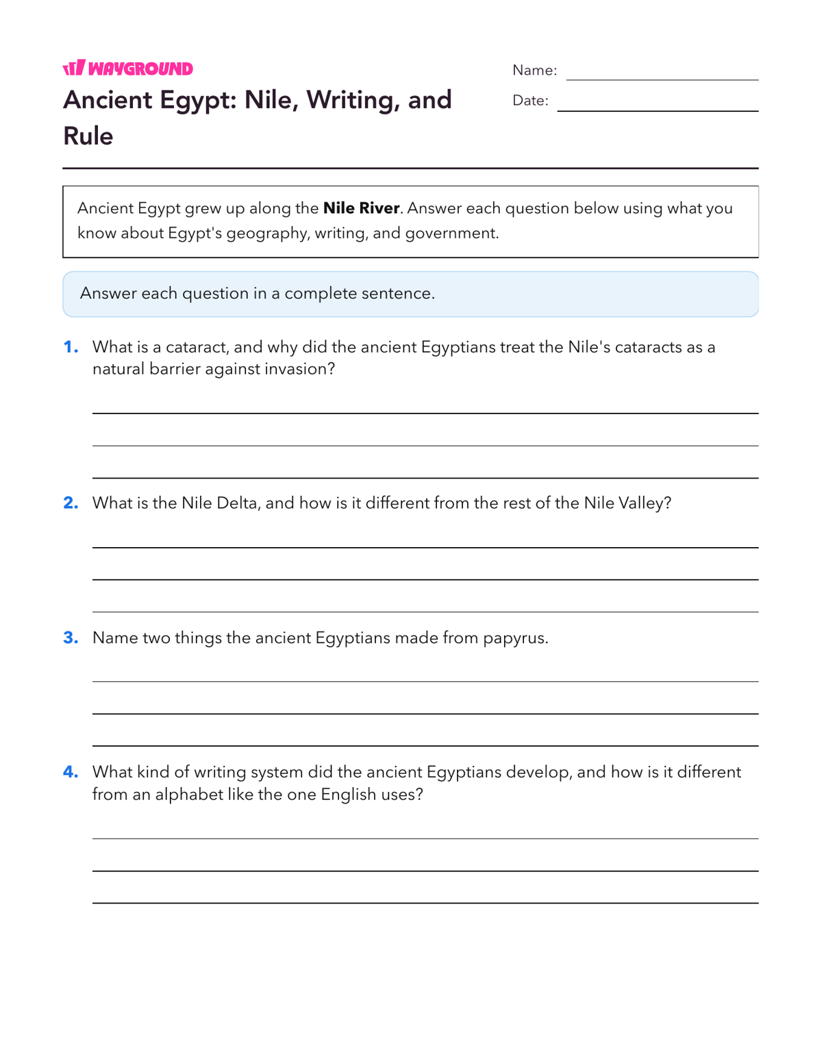 Ancient Egypt: Nile, Writing, and Rule - Printable Ancient-civilizations Worksheets Class 8 - Wayground