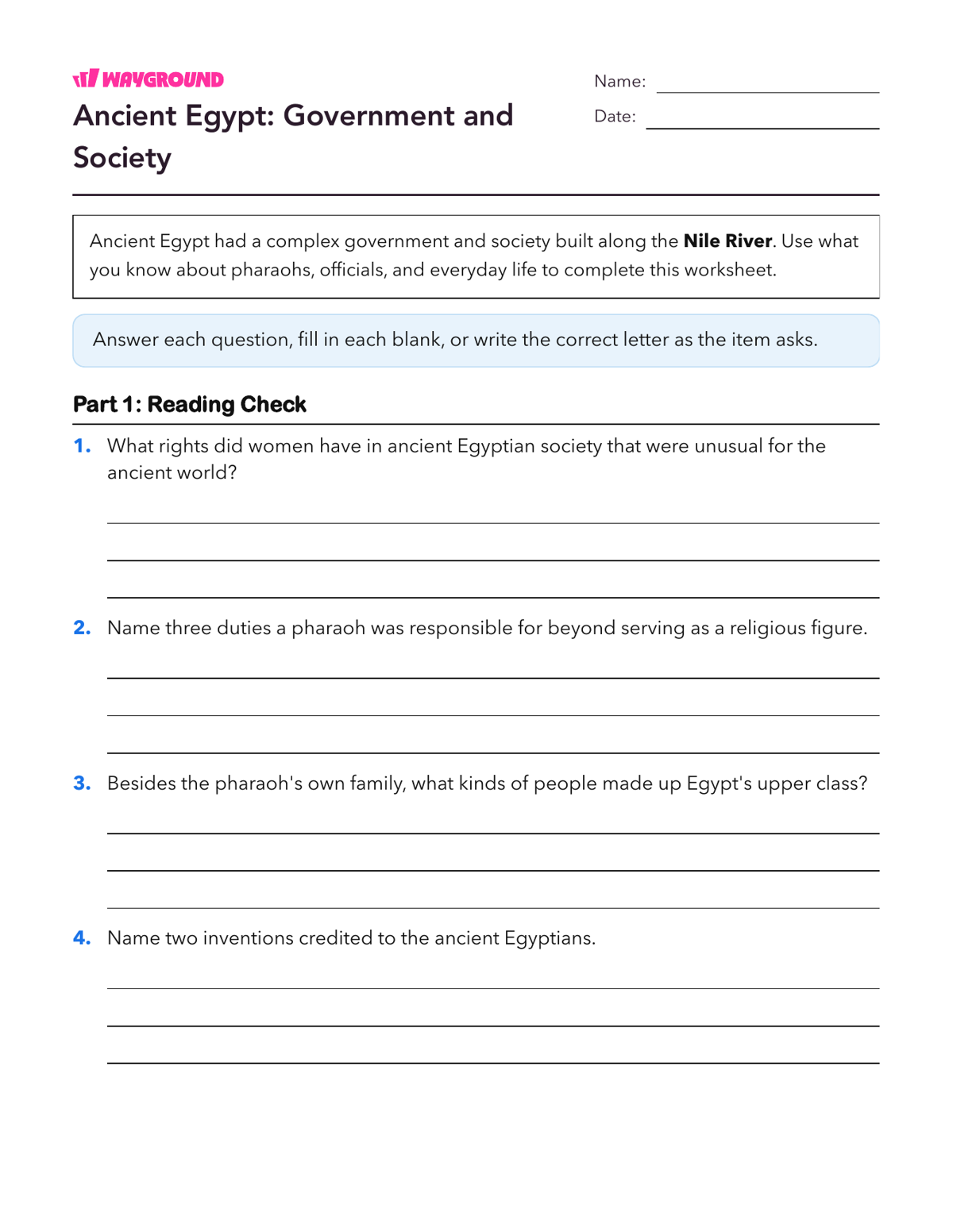 Ancient Egypt: Government and Society - Printable Ancient-civilizations Worksheets Class 8 - Wayground