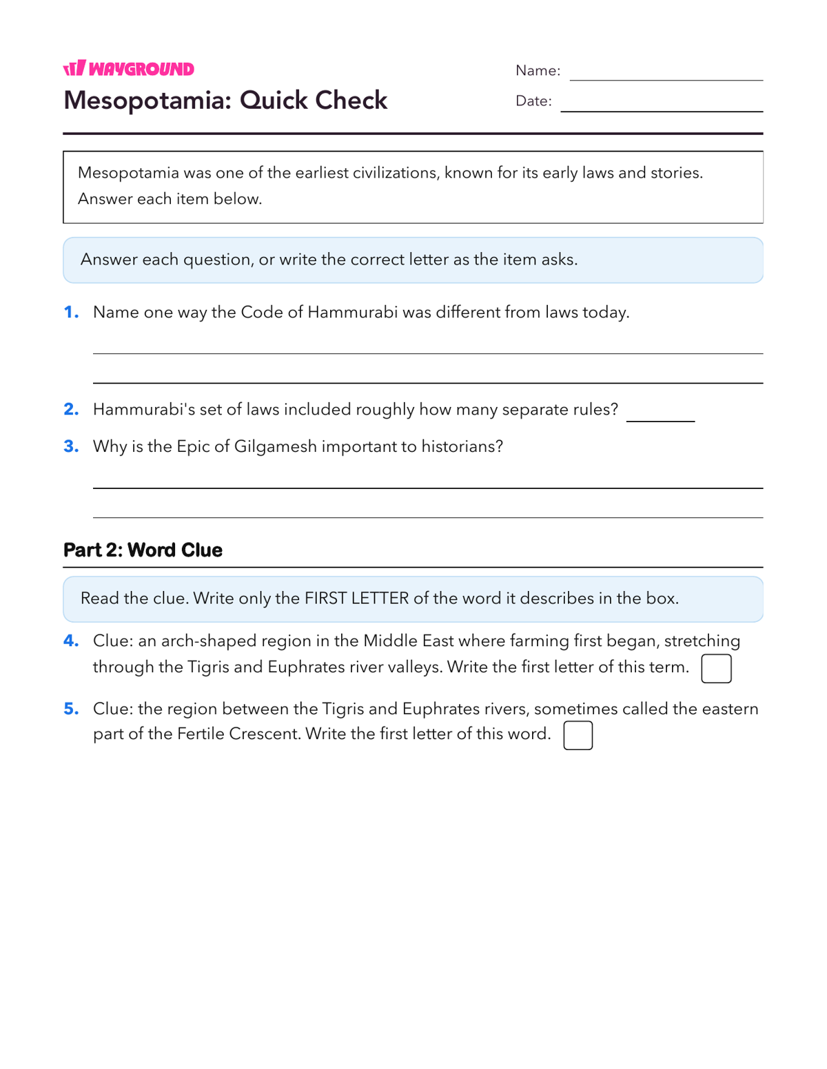 Mesopotamia: Quick Check - Printable Ancient-civilizations Worksheets Class 8 - Wayground