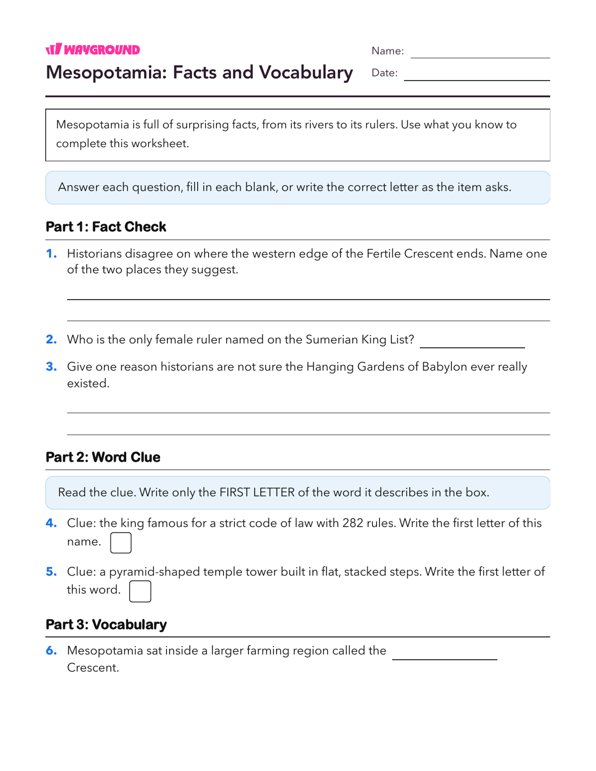 Mesopotamia: Facts and Vocabulary - Printable Ancient-civilizations Worksheets Class 8 - Wayground