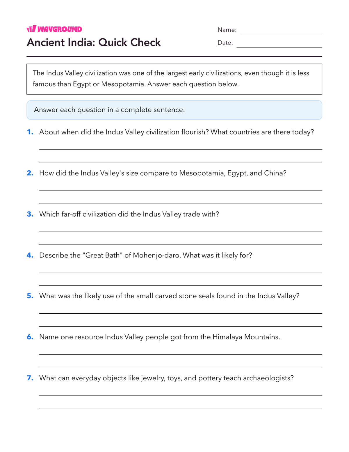 Ancient India: Quick Check - Printable Ancient-civilizations Worksheets Class 8 - Wayground