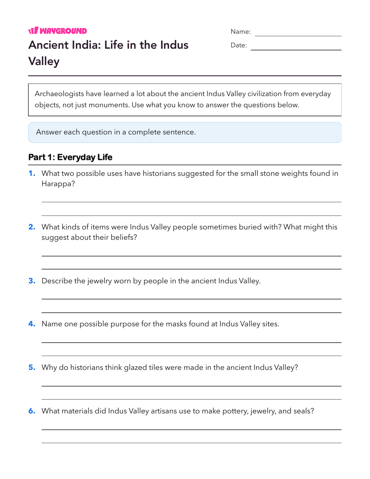 Ancient India: Life in the Indus Valley - Printable Ancient-civilizations Worksheets Class 8 - Wayground
