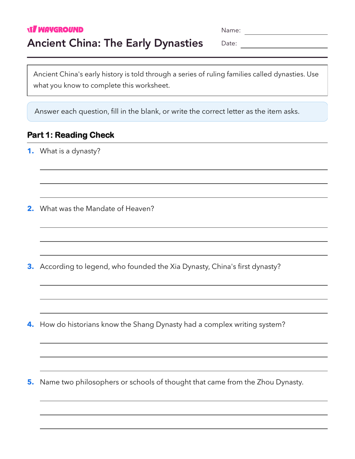 Ancient China: The Early Dynasties - Printable Ancient-civilizations Worksheets Class 8 - Wayground