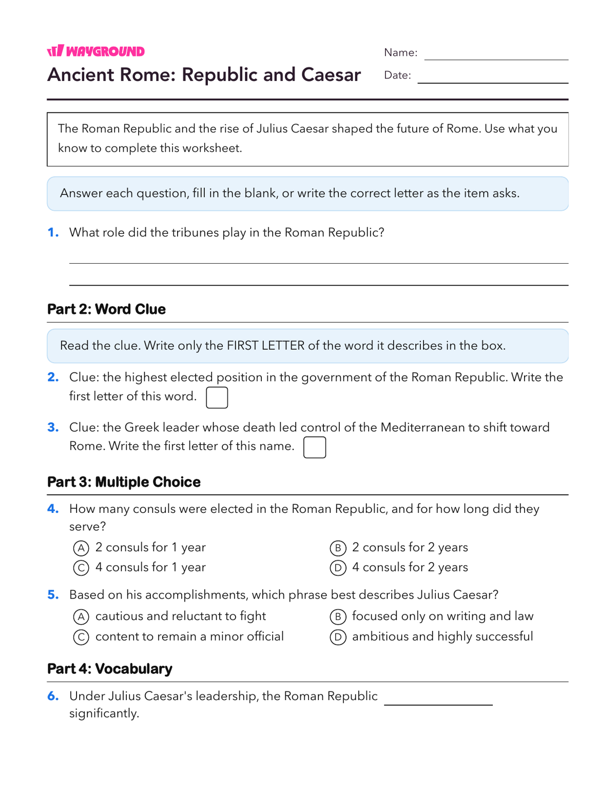 Ancient Rome: Republic and Caesar - Printable Ancient-civilizations Worksheets Class 8 - Wayground