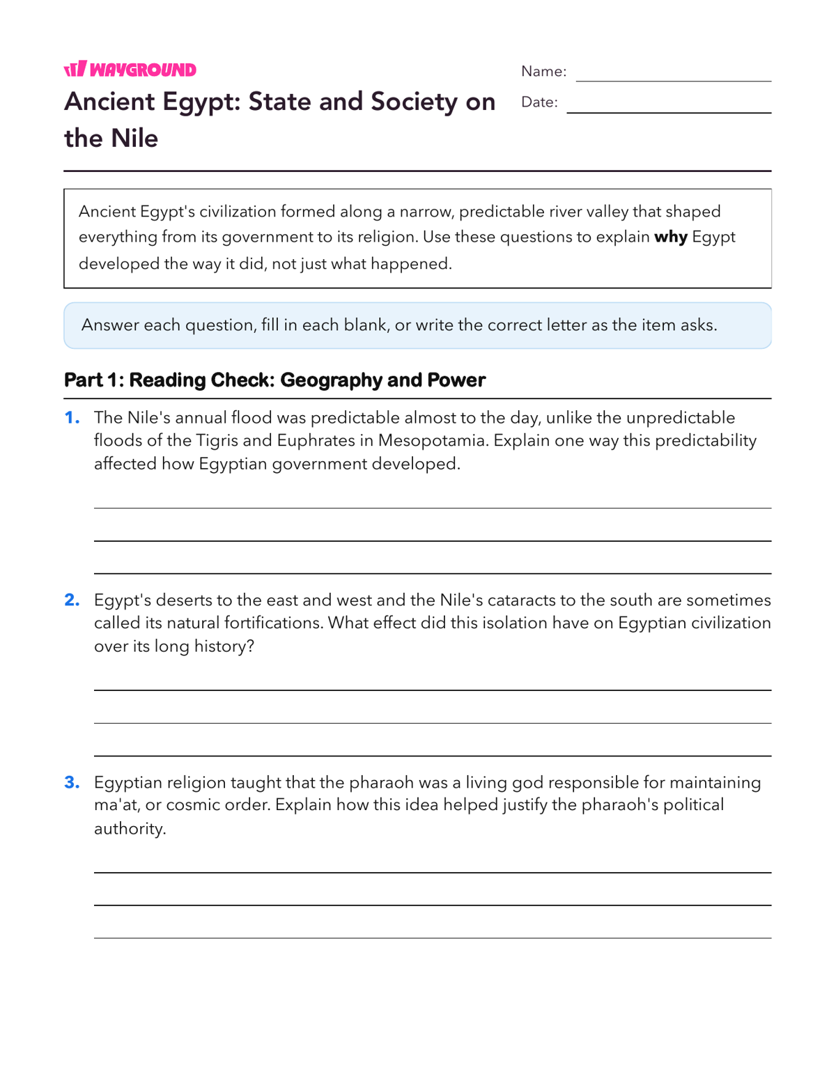 Ancient Egypt: State and Society on the Nile - Printable Ancient-civilizations Worksheets Class 9 - Wayground