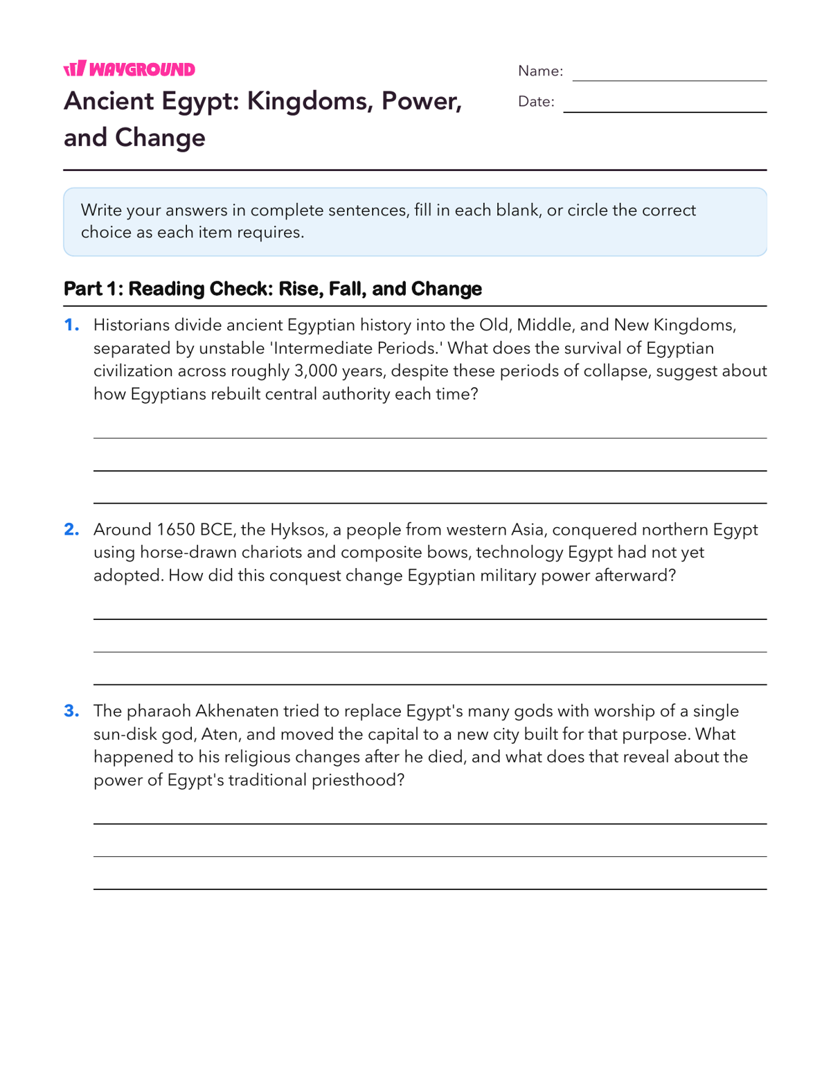 Ancient Egypt: Kingdoms, Power, and Change - Printable Ancient-civilizations Worksheets Class 9 - Wayground