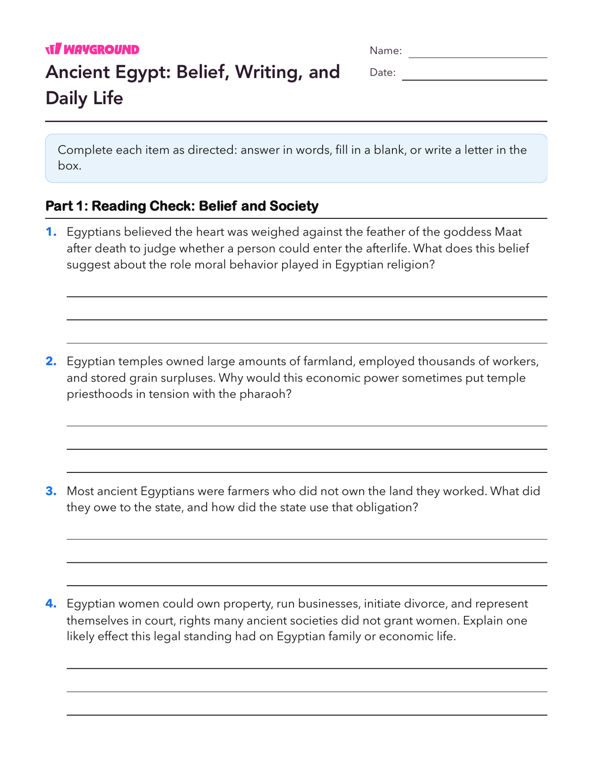 Ancient Egypt: Belief, Writing, and Daily Life - Printable Ancient-civilizations Worksheets Class 9 - Wayground
