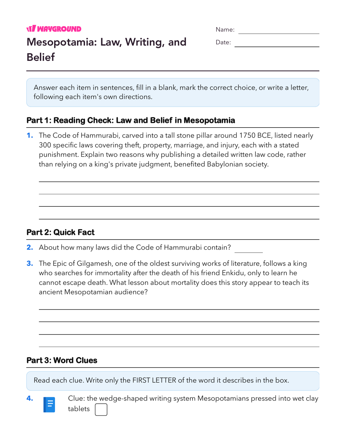 Mesopotamia: Law, Writing, and Belief - Printable Ancient-civilizations Worksheets Class 9 - Wayground