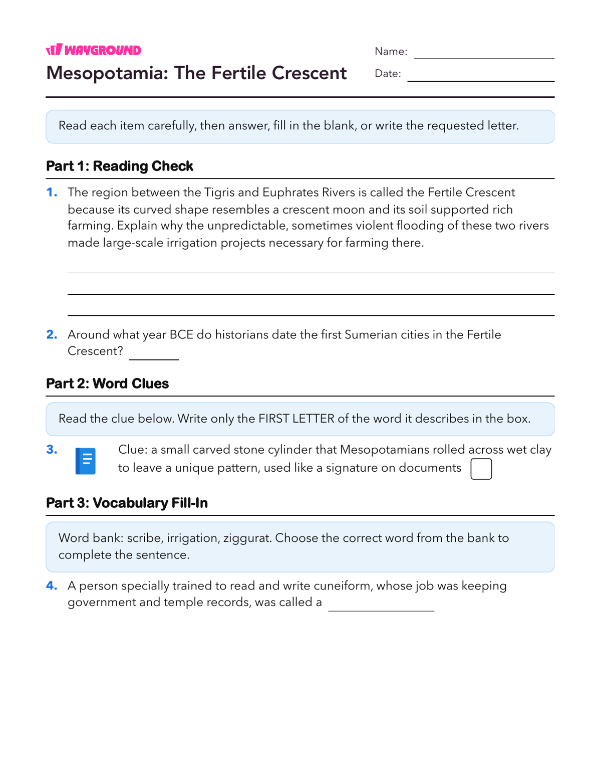 Mesopotamia: The Fertile Crescent - Printable Ancient-civilizations Worksheets Class 9 - Wayground